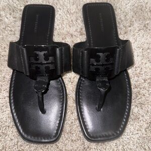 Tory Burch Black Leather Logo Thong Sandals